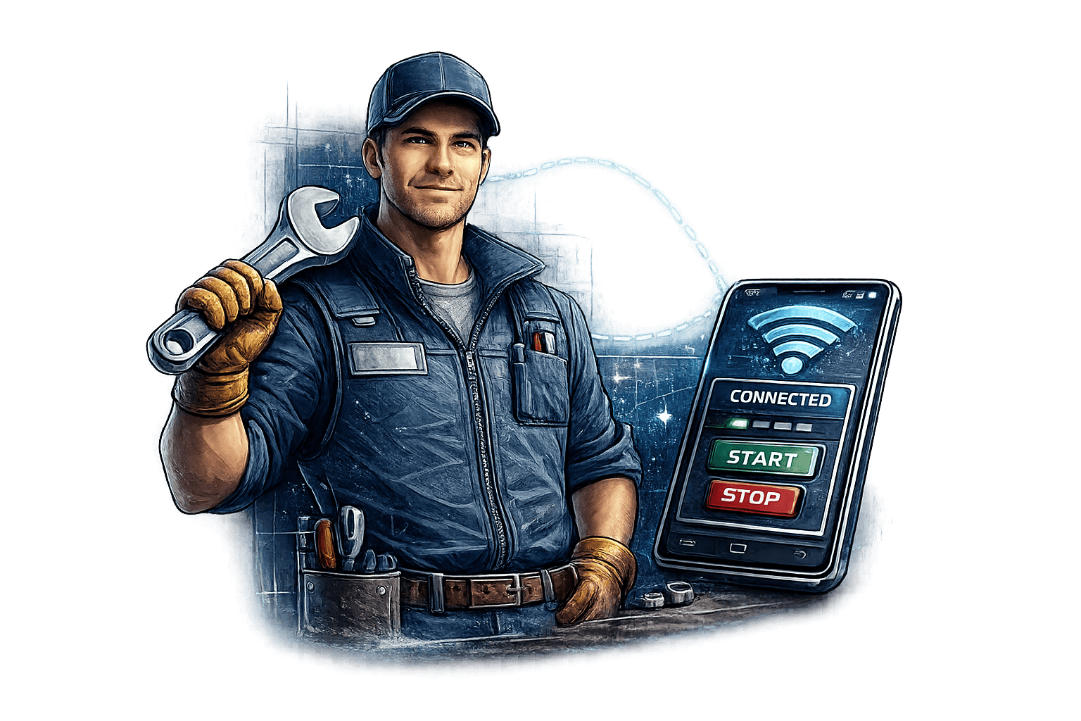 Technician holding wrench with smartphone showing connected status.