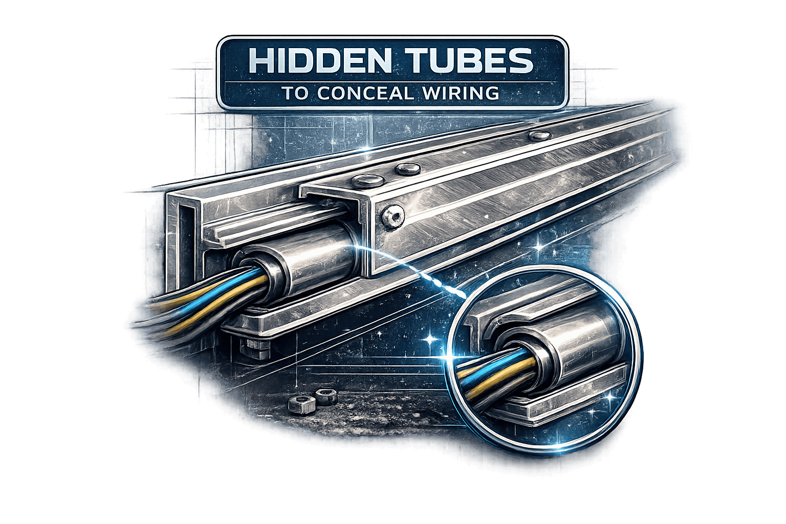 Hidden tubes for wiring concealment in industrial settings.