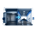 Garage door opening with blue arrow indicating movement direction.