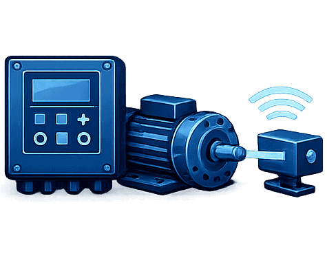 Industrial motor with control panel and wireless communication symbol.