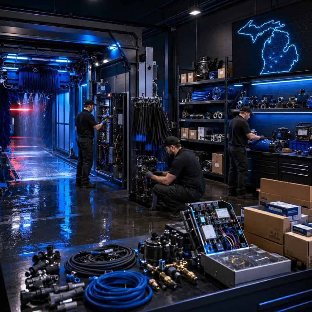 Technicians working on industrial equipment in a high-tech facility.