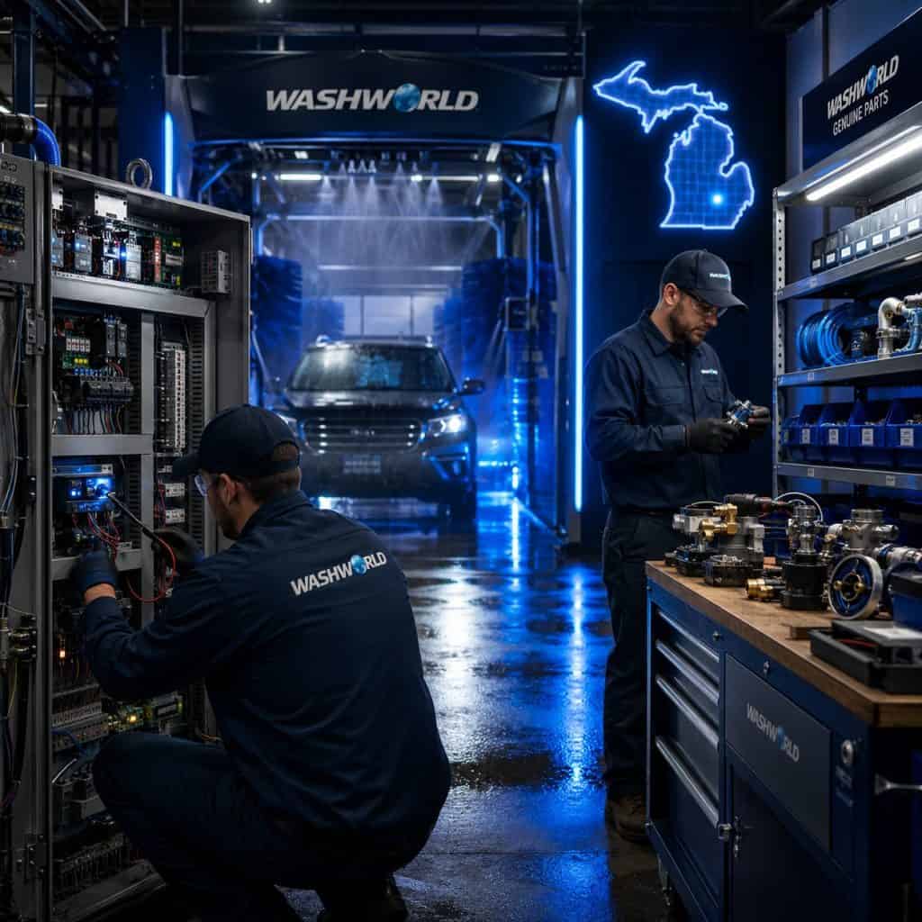 Technicians working on vehicle repair at Washers Solutions service center.