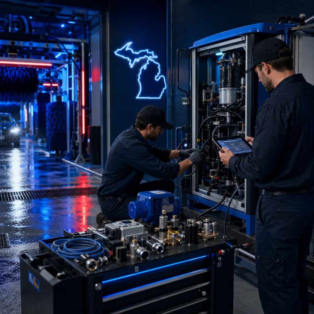 Technicians working on industrial machinery in a high-tech facility.