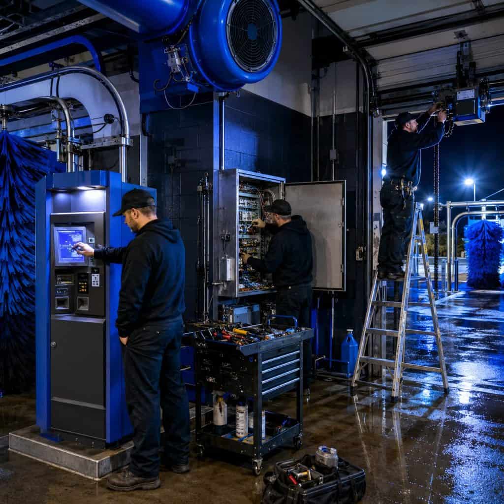 Technicians repairing industrial washers in a factory setting.