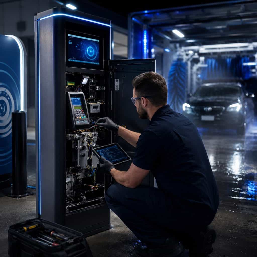 Technician servicing high-tech car wash machine in automated facility.