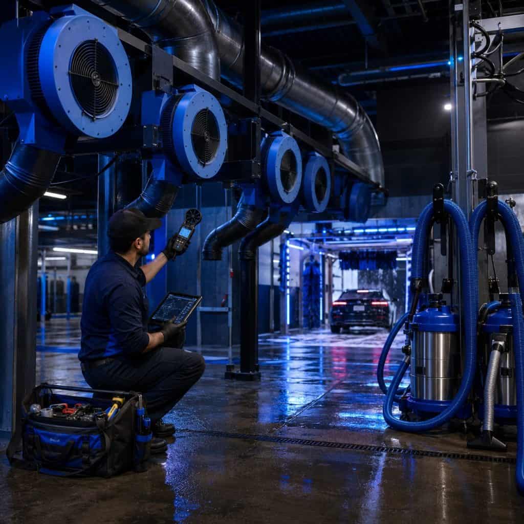 Technician inspecting industrial laundry machinery in a modern facility.