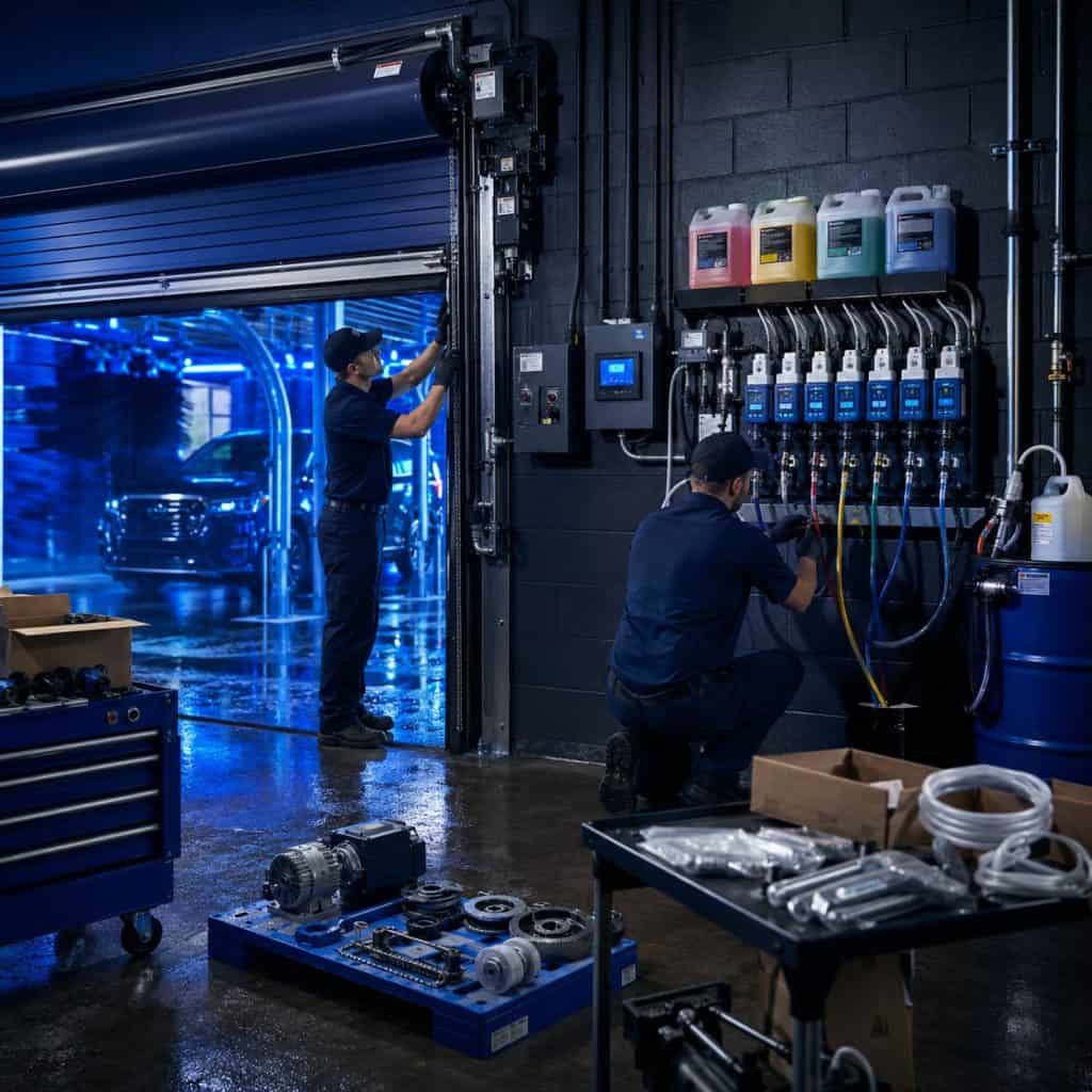 Technicians repairing commercial washers in a service center.