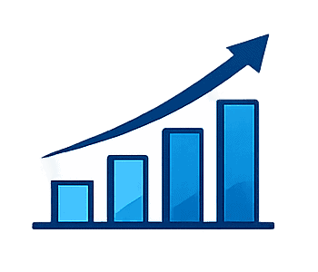 Blue bar chart with upward arrow representing business growth and success.