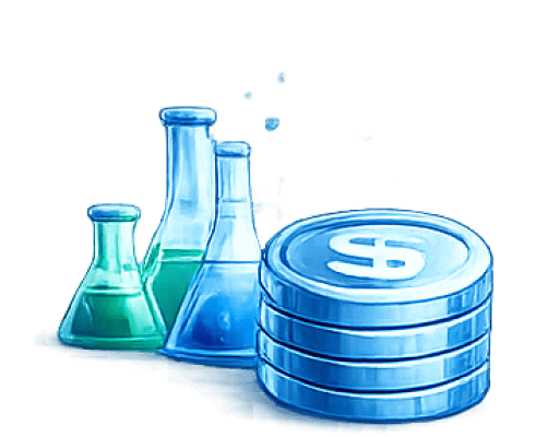 Laboratory beakers with colorful liquids and stacked coins for financial growth.
