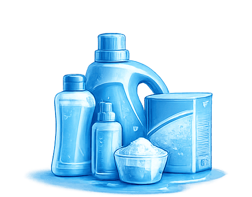 Clean laundry detergent bottles and powder for washing machines.