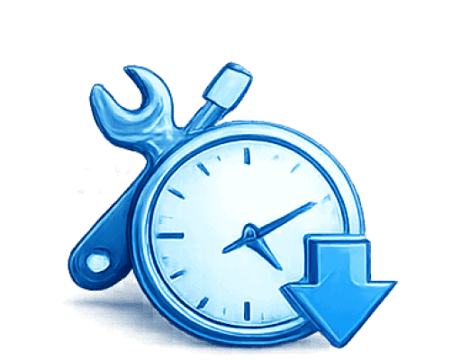 Clock with wrench and download arrow for website updates.