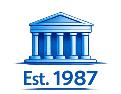 Blue illustration of a classical bank building with columns and pediment.