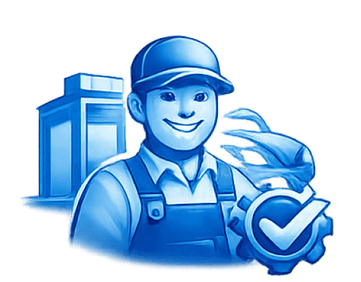 Technician in uniform with gear and checkmark for washer repair.