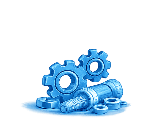 Blue gears, bolts, and washers for washing machine repair.