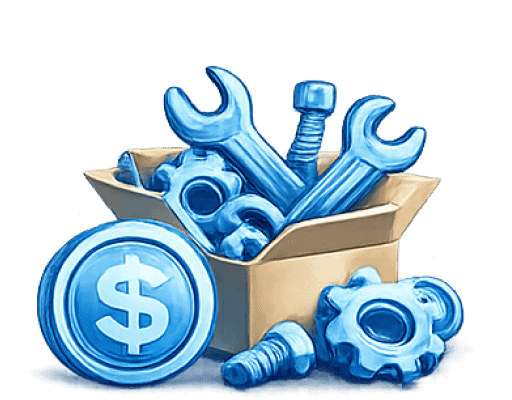 Box filled with blue tools and gears for appliance repair.
