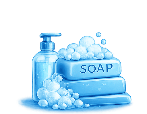 Blue soap dispenser with soap bars and bubbles for laundry cleaning.