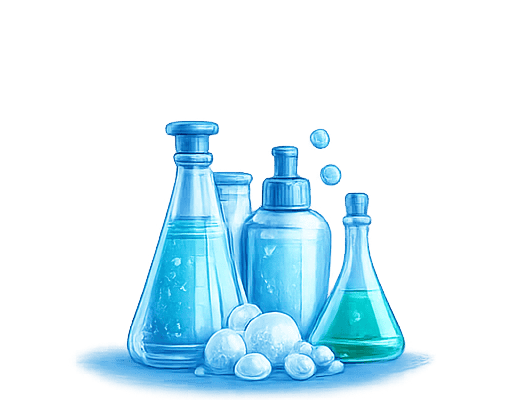 Assorted laboratory glassware with liquids and bubbles for scientific experiments.
