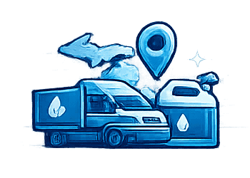 Laundry service van with water tanks and delivery icons for laundry solutions.