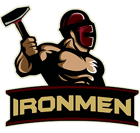 West Michigan Ironmen player in full gear with helmet and jersey, holding a hammer, showcasing team.