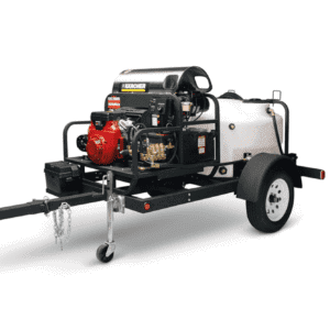 Heavy-duty trailer with water tank and pump for industrial use.