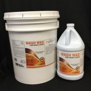 Car wash liquid in large bucket and jug for vehicle cleaning.