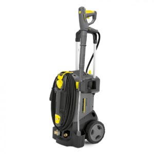 Portable pressure washer with hose and wheels for easy mobility.