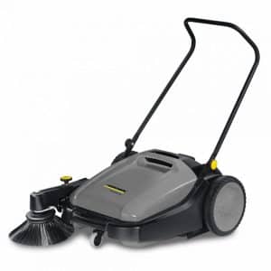 Electric sweeper with large wheels and rotating brush for cleaning.