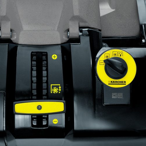 Close-up of Karcher pressure washer control panel with settings and dial.