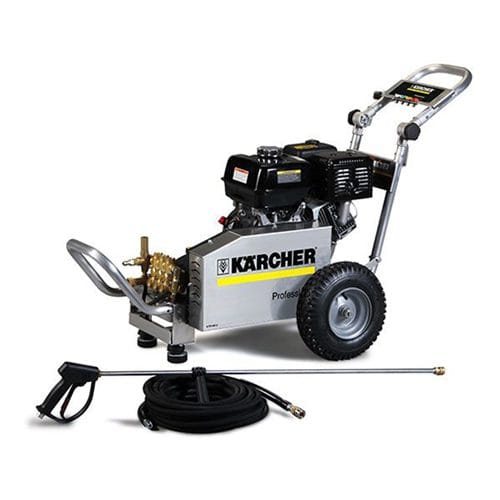 Karcher professional pressure washer with hose and spray gun for cleaning.