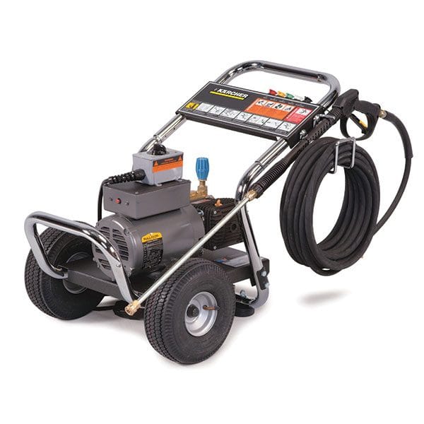 Electric power washer with hose and spray gun for cleaning.