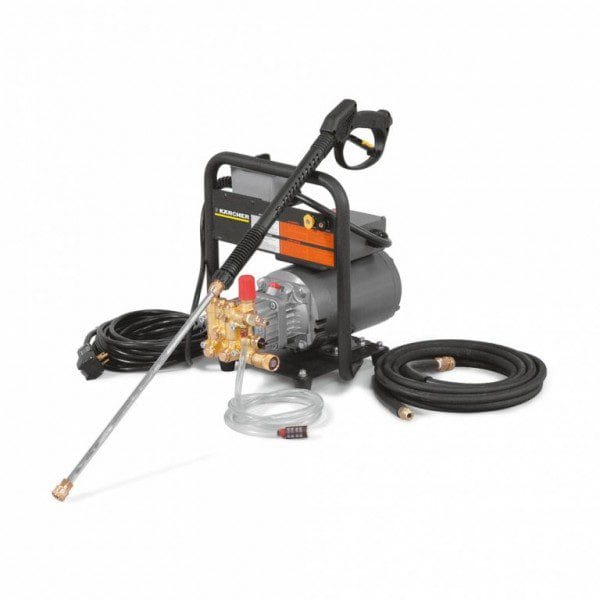 Portable pressure washer with hose and spray wand for cleaning tasks.