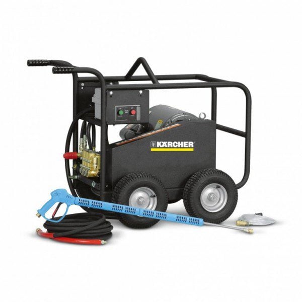 Karcher pressure washer with roll cage and accessories for cleaning.