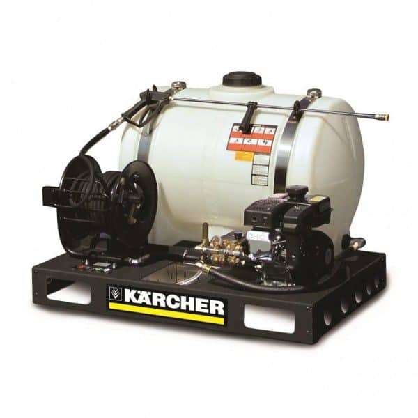 UTV skid with water tank and pump for off-road cleaning.