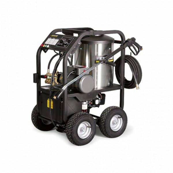 Heavy-duty industrial cleaning equipment with tank and hoses on a wheeled frame.