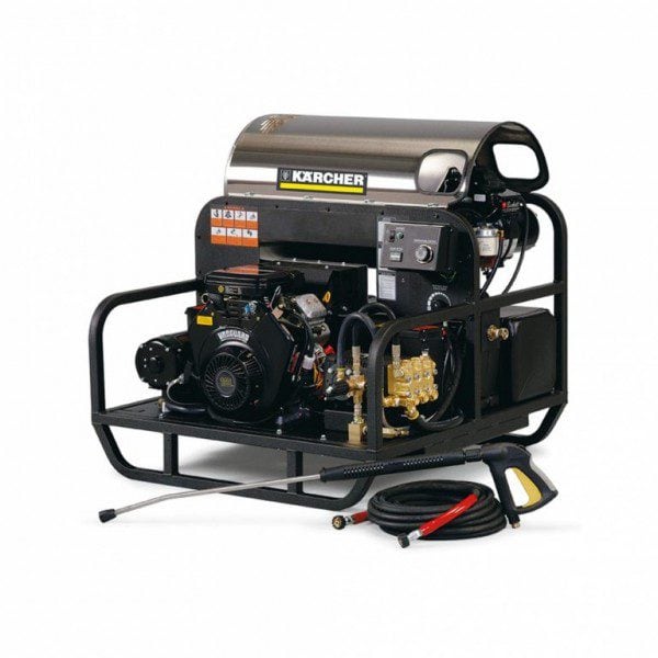 Karcher high-pressure washer with engine and hose for cleaning tasks.