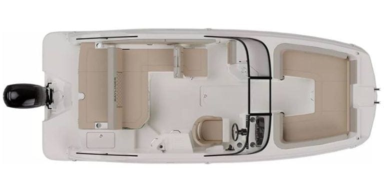 Interior view of the 2026 Bayliner D Series D22 boat, showcasing spacious seating and functional des.