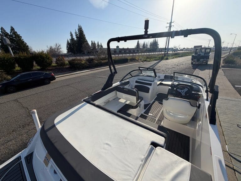 Modern Bayliner VR5 boat with spacious interior and sleek design.