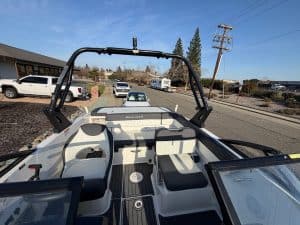 Modern Bayliner VR5 boat with spacious interior and sleek design.