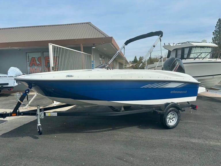An image of a 2025 Bayliner E 16 boat with Mercury 75HP engine on a trailer. Perfect for water adven.