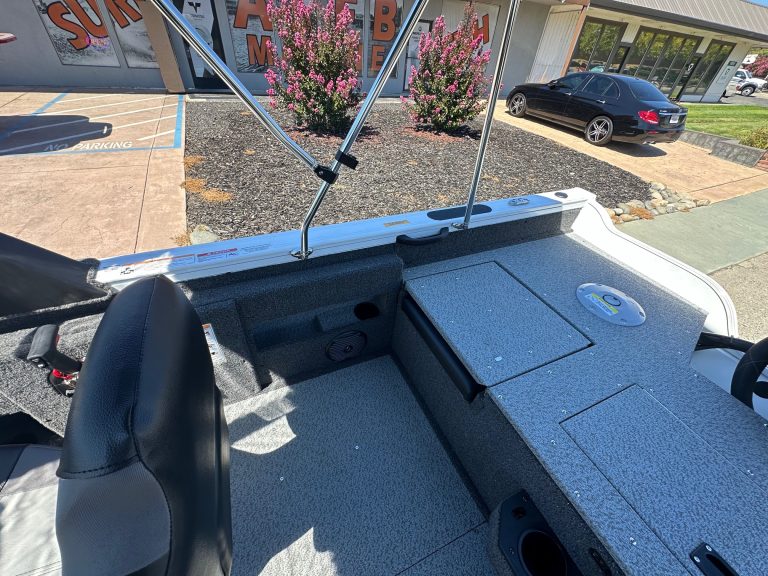 Close-up of boat dashboard and seating area for SEO.