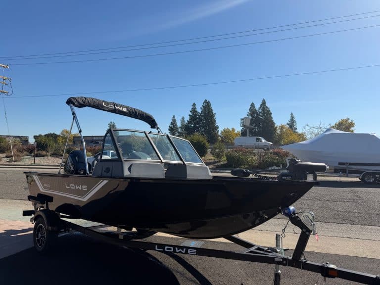 Lowe FM 1625 WT boat featuring Mercury 60HP engine, parked on trailer on a sunny day.