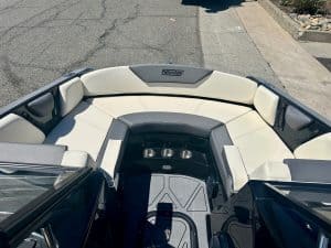 Close-up of the interior seating and dashboard of the Heyday WT2 DC boat.