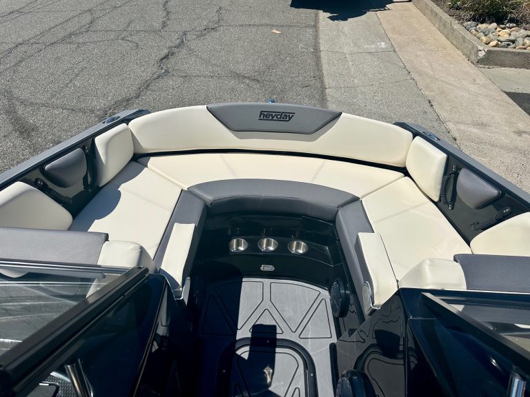 Close-up of the interior seating and dashboard of the Heyday WT2 DC boat.