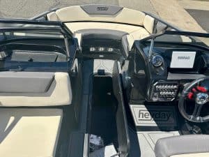 Interior view of the Heyday WT2 DC boat with steering and seating.