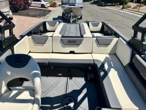 Interior view of the Heyday WT2 DC boat with seating and steering wheel.