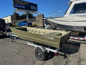 Lowe 1448M 14-foot boat on trailer, ideal for fishing and recreational activities.