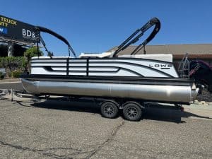 Lowe SS 230 pontoon boat with Mercury 150HP Pro Xs engine on trailer.