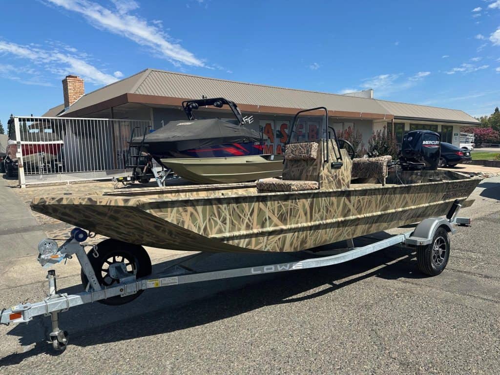 Lowe 1860 RX jet boat with Mercury 80HP engine on trailer.