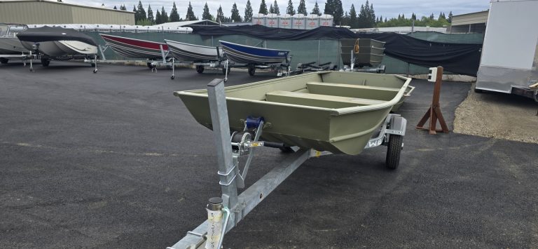 Boat trailer for Klamath 10 JAC model in outdoor storage.