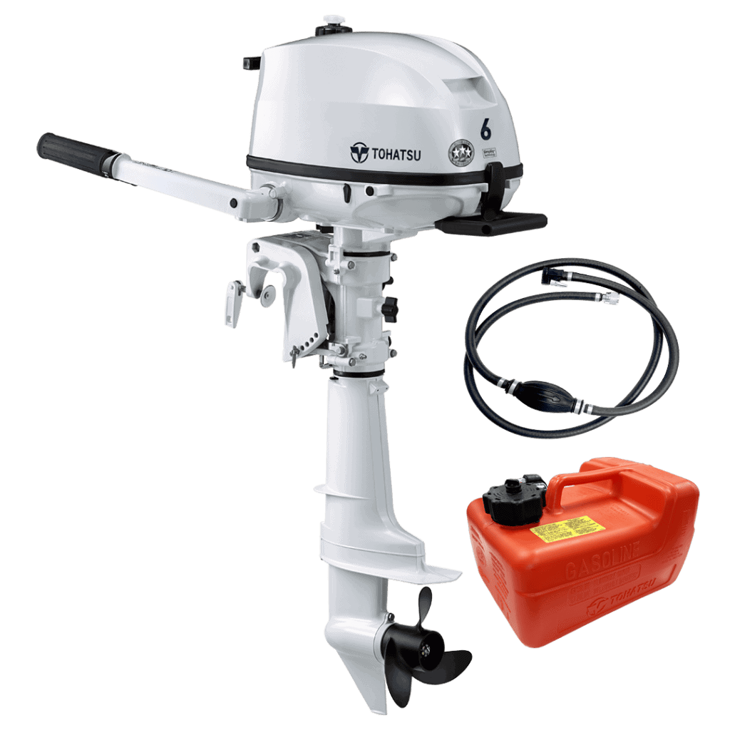 Tohatsu 6 HP outboard motor with fuel tank and control cable.